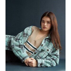 PacSun Homecoming Plaid Button Down Sherpa Shirt Shacket Aqua Gray Womens Md/Lg